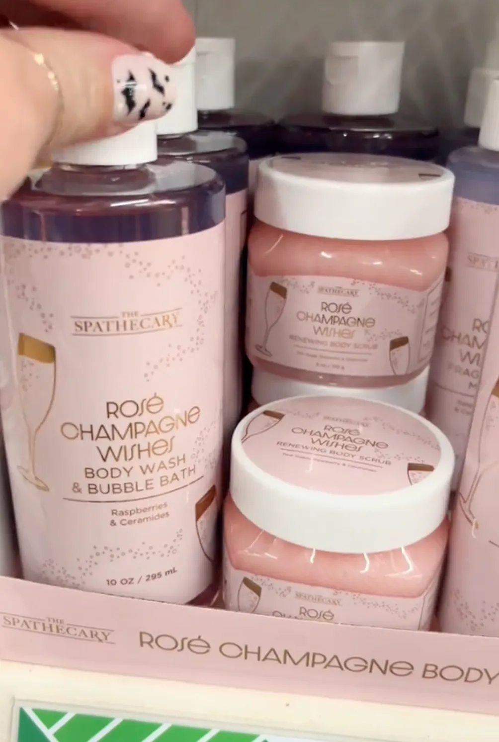 Display of Spathecary Rosé Champagne Body Collection at Dollar Tree