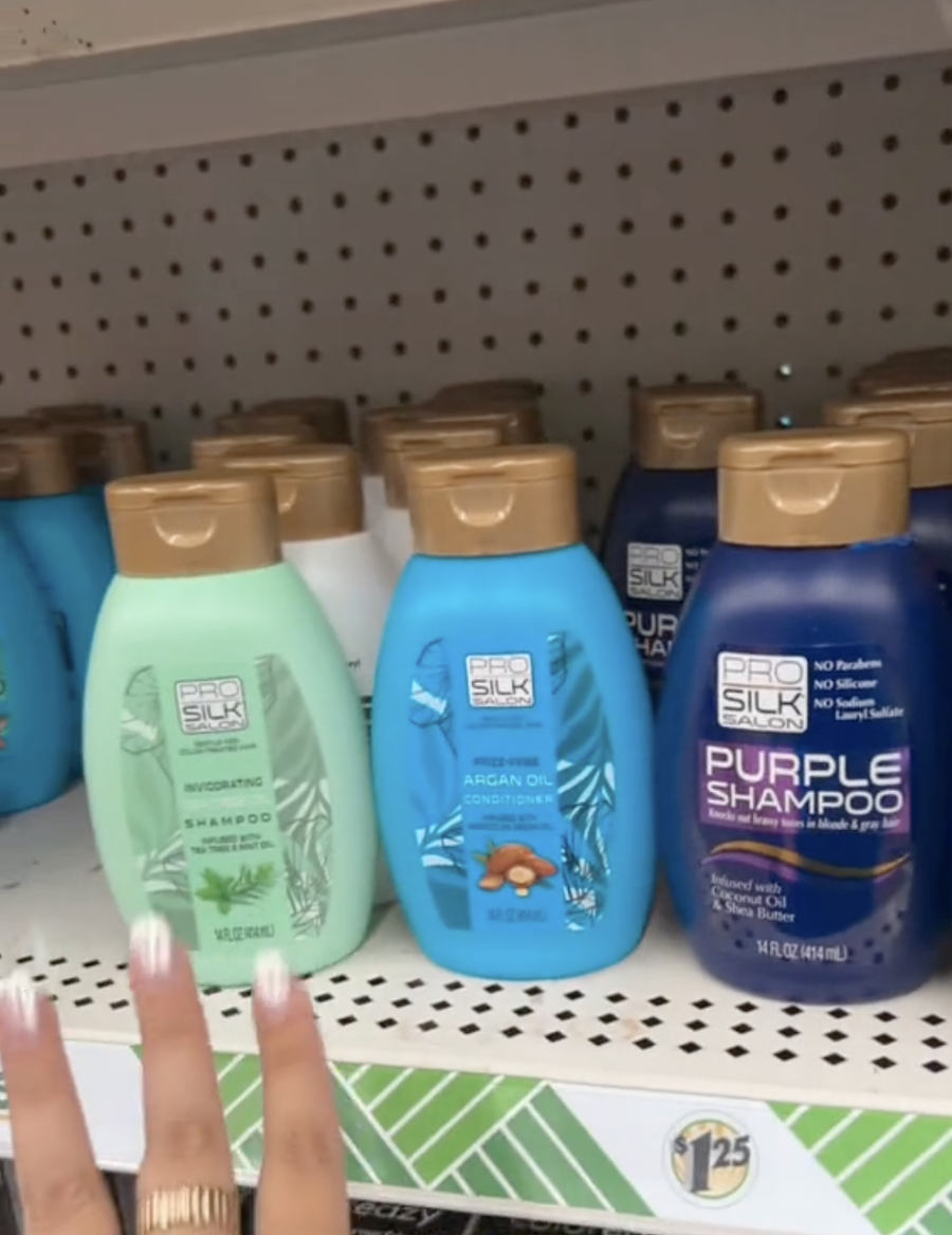 Pro Silk Salon Purple Shampoo, Arcan Oil Conditioner, and Hydrating Shampoo at Dollar Tree