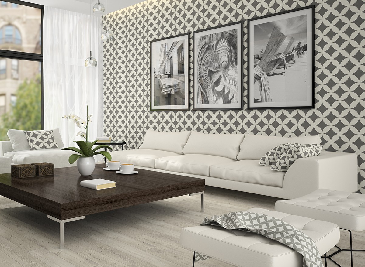 Bold print wallpaper on a wall in a small living room