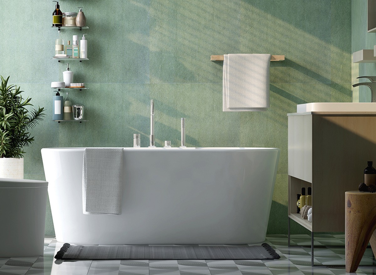 A small bathroom with bold color