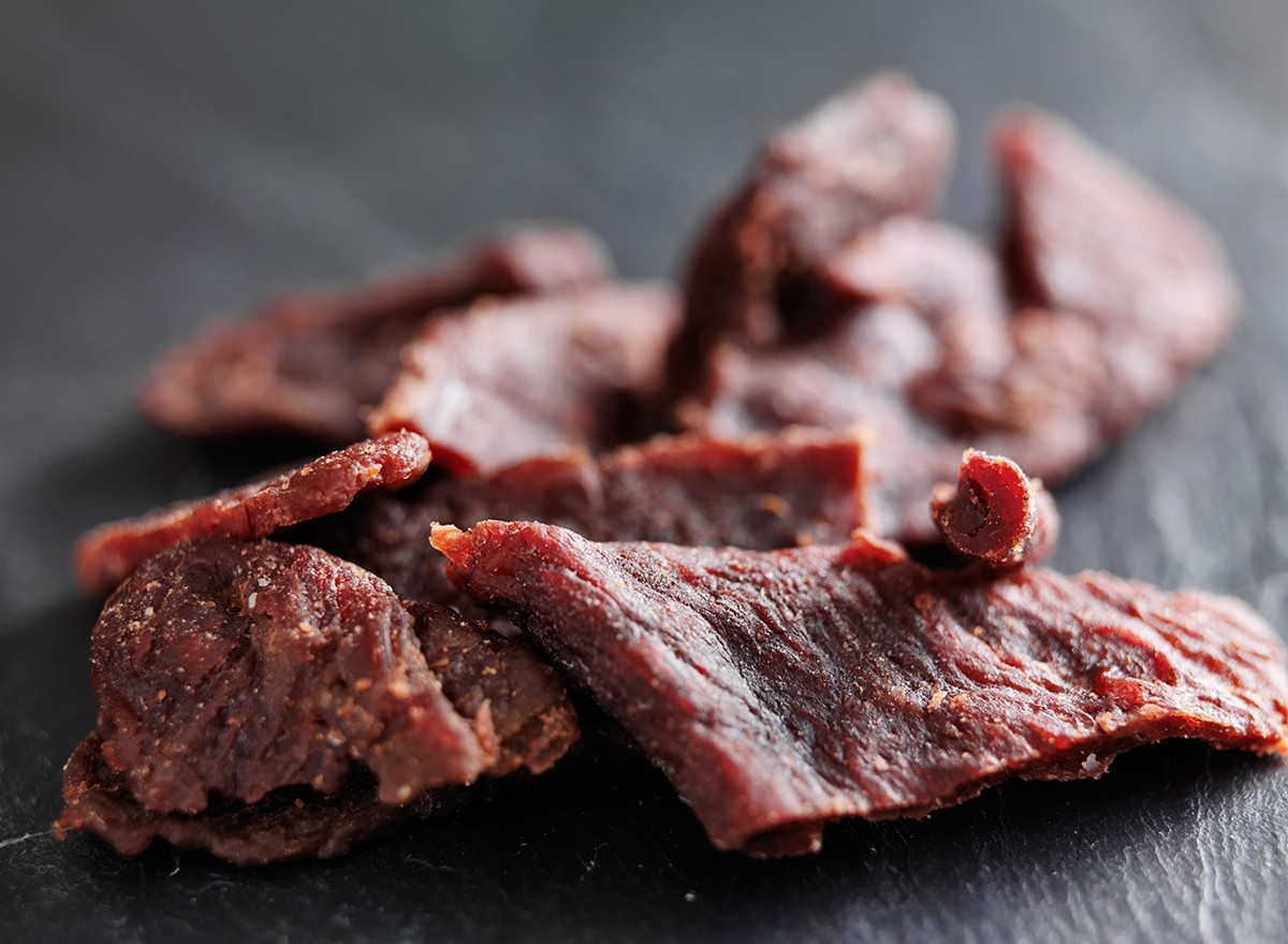 Beef jerky on a slate surface