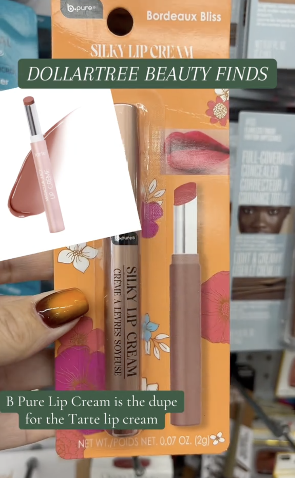 lip creams at Dollar Tree, with a comparison to a similar product from Tarte
