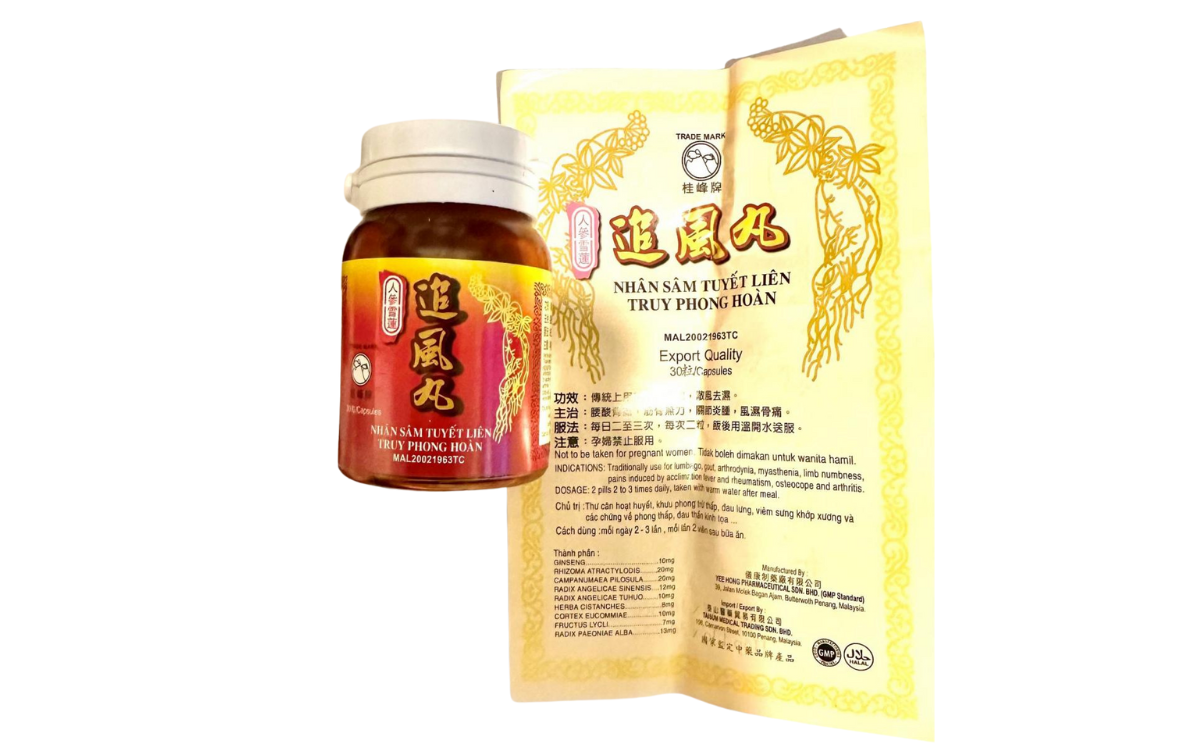 bottle of  Nhan Sam Tuyet Lien Truy Phong Hoan Capsules that was recalled by the FDA