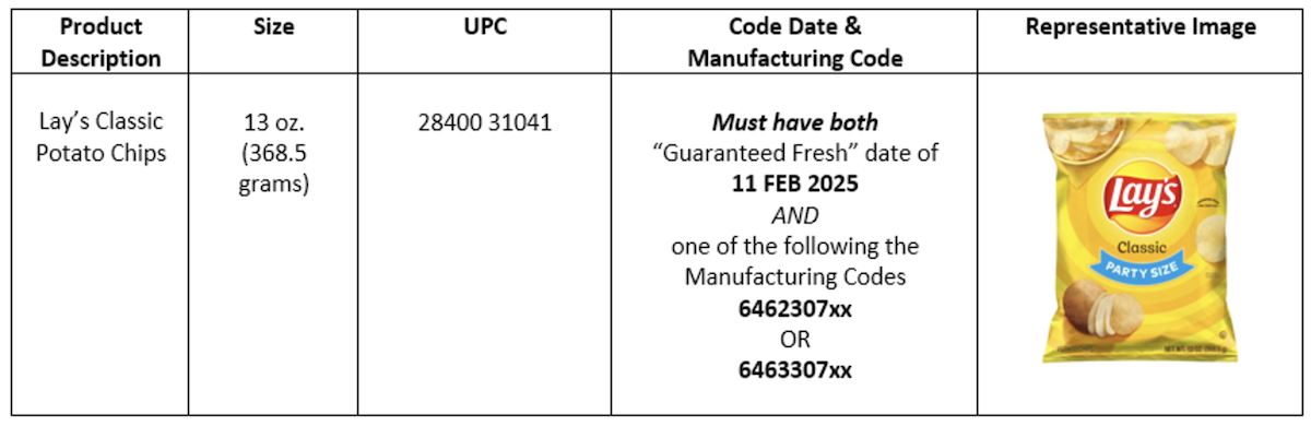 screenshot of the information from a Frito-Lay potato chip recall 