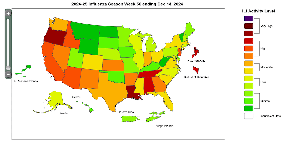 CDC flu map for the week ending Dec. 14, 2024