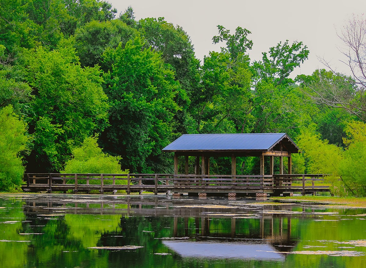 a lakehouse and a lake with reflection of trees in North Augusta, South Carolina