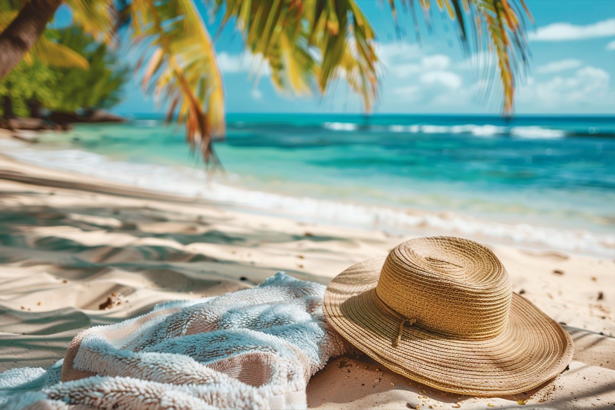 Beach accessories straw hat, towel on sunny tropical Caribbean beach
