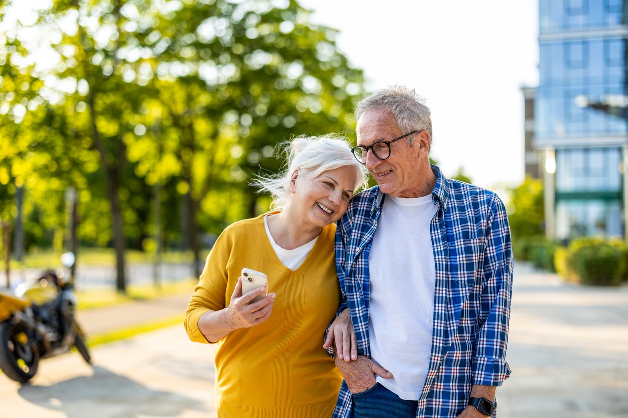 A senior couple walking