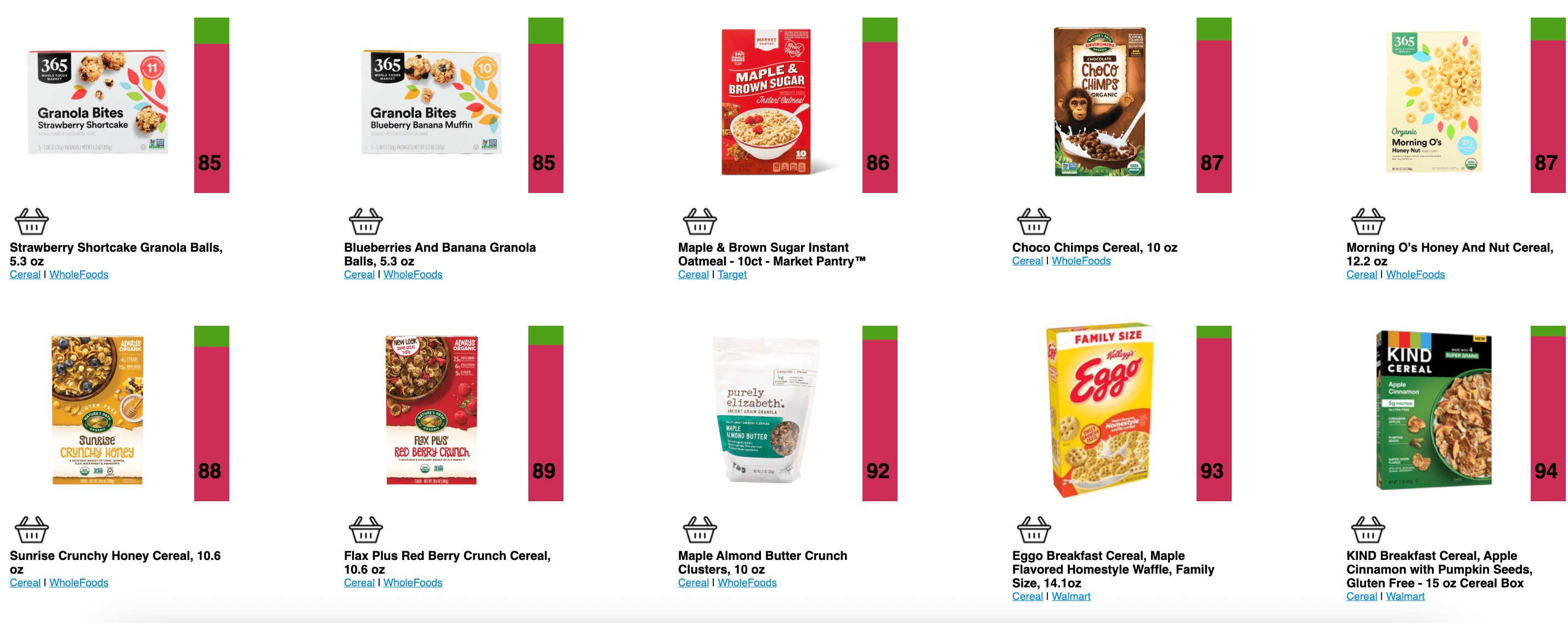screenshot of cereal category on TrueFood