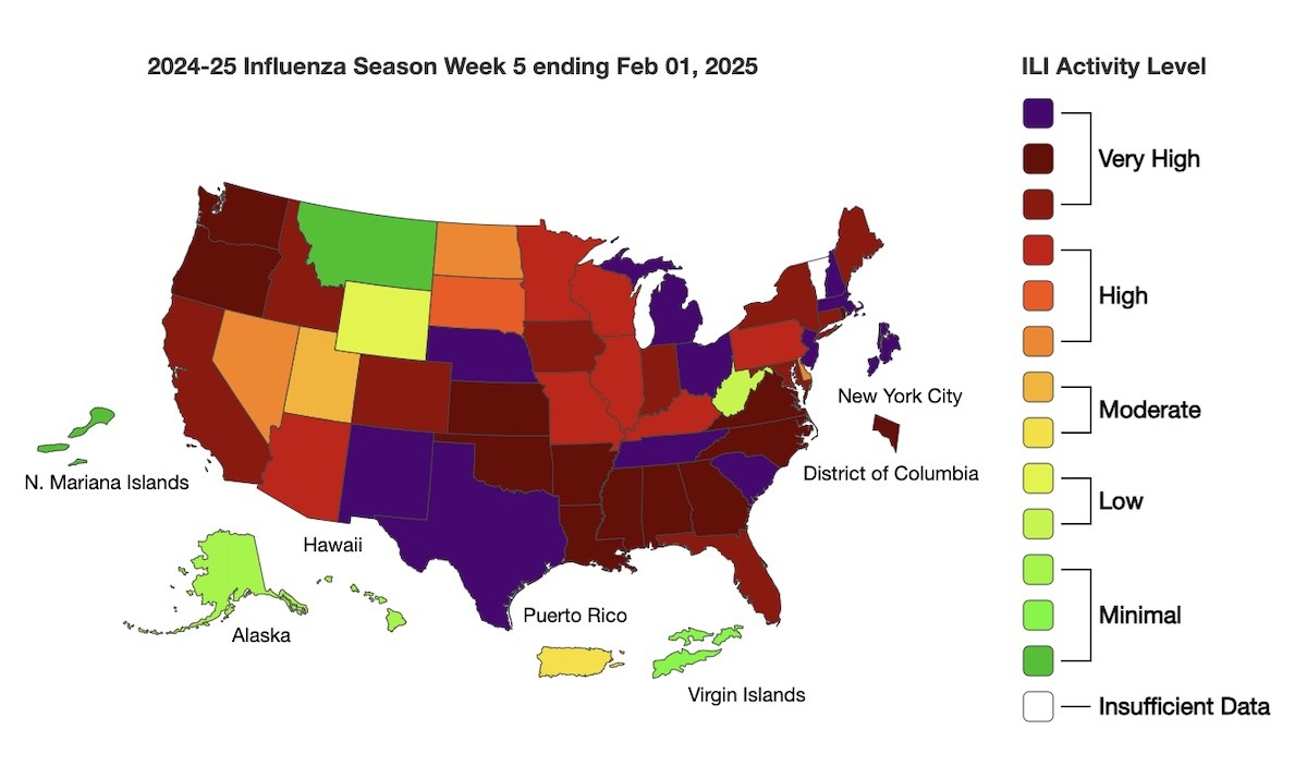 U.S. Influenza cases map from CDC for week ending Feb. 1, 2025