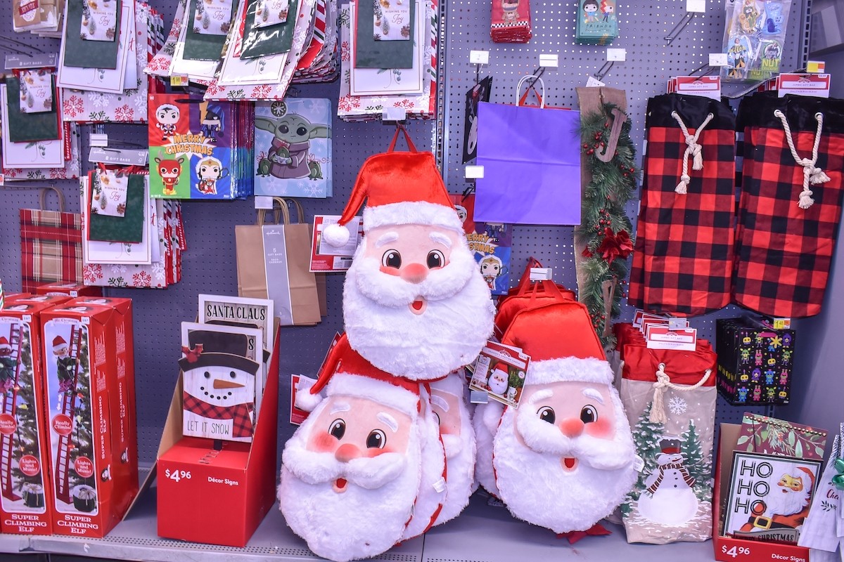 display of Christmas gift bags at Walmart