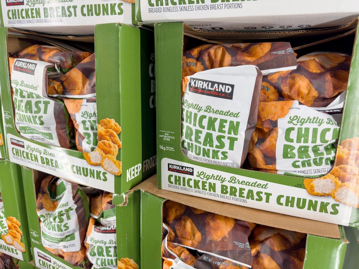 Kirkland Lightly Breaded Chicken Breast Chunks displayed at Costco