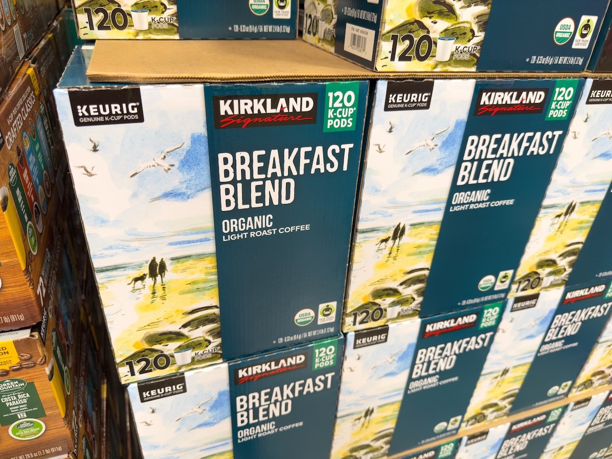 Kirkland Breakfast Blend coffee K-Cups displayed at Costco