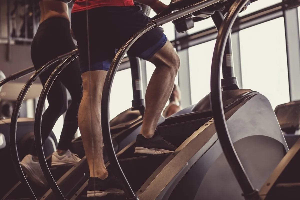 closeup of people using stairmasters at the gym