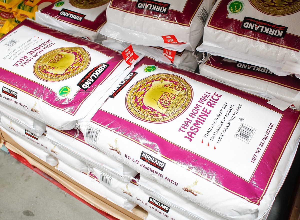 Bags of Kirkland jasmine rice in the international section of Costco