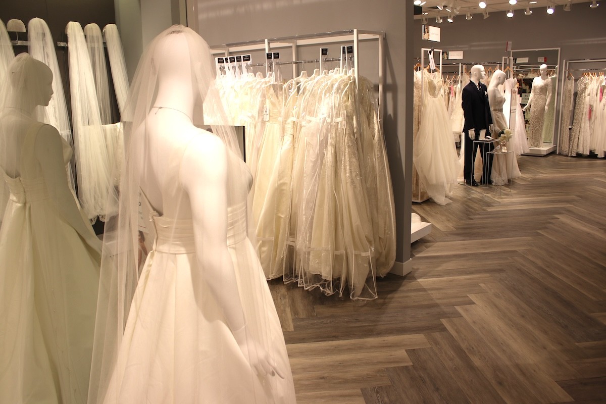 displays of wedding dresses at David's Bridal