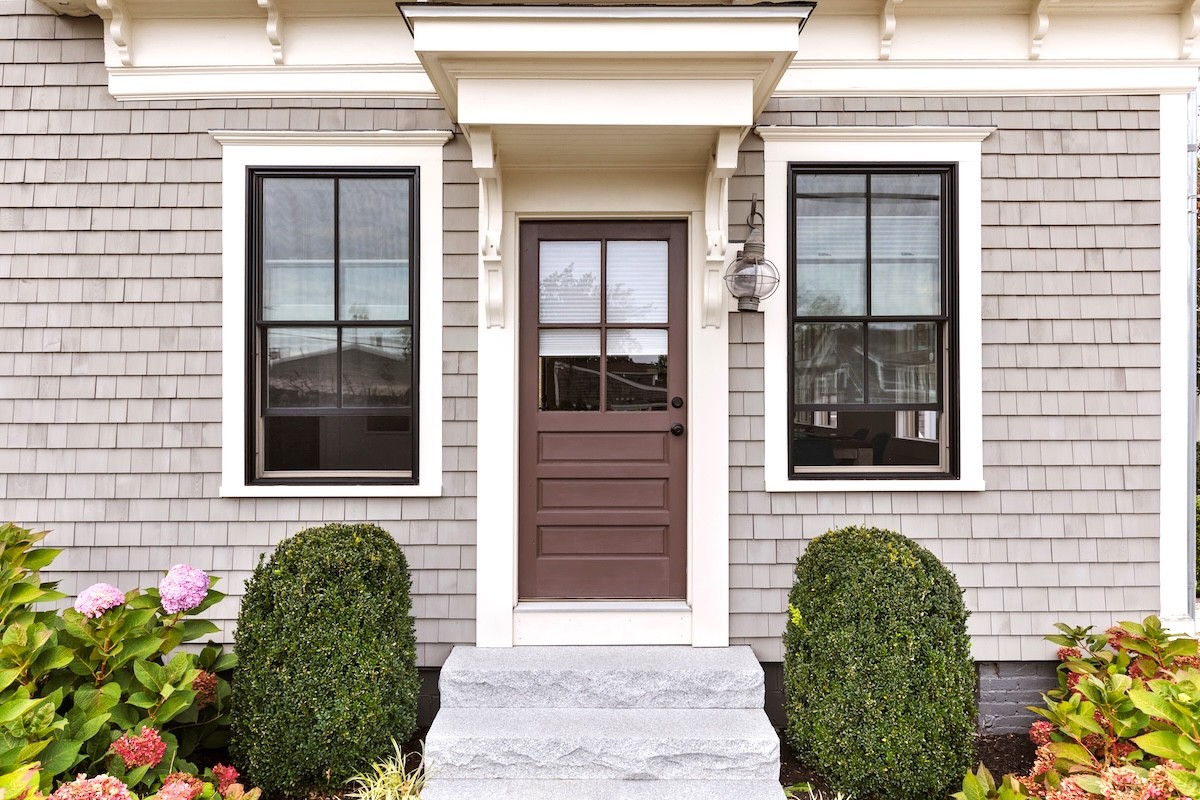 house with a brown door