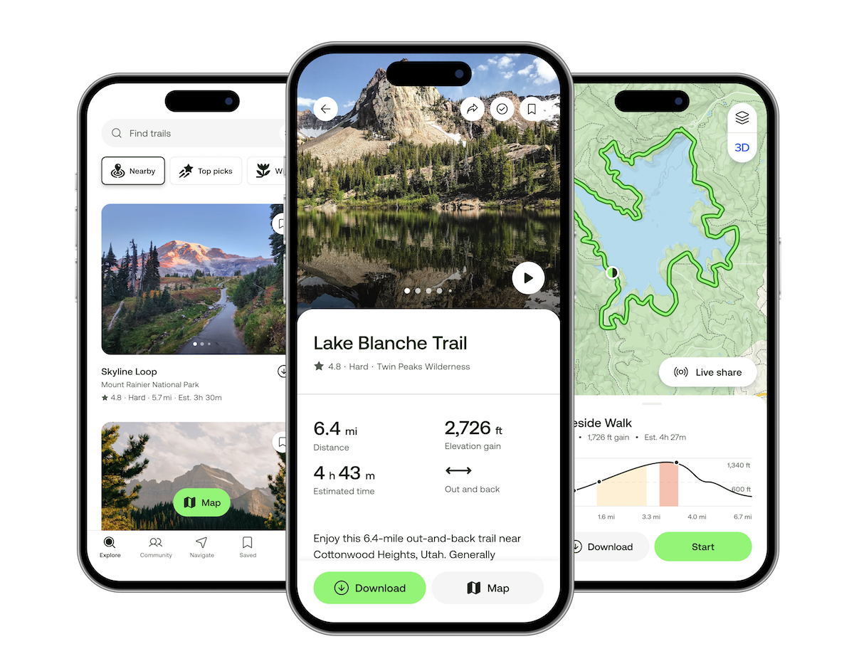iPhone screens showing the AllTrails app