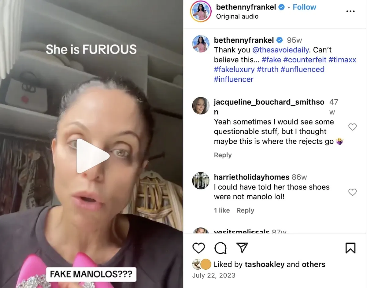 Bethenny Frankel Instagram post about fake Manolo Blahnik shoes from T.J. Maxx