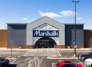 A drone / aerial shot of a Marshall's department store, which is owned by the TJX Companies. The chain has off price products and is linked with TJ Maxx and Homegoods