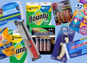 a collage of everyday items like paper towels, laundry detergent, etc.