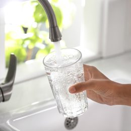 closeup of a woman filling a glass with tap water