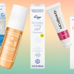 A collage of beauty products from Kroger on an ombre background