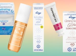 A collage of beauty products from Kroger on an ombre background