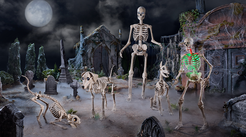 Home Depot advertisement for its giant skeleton and other Halloween decorations