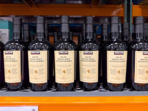 Kirkland Signature Islay single malt Scotch whisky, on display at a local Costco.
