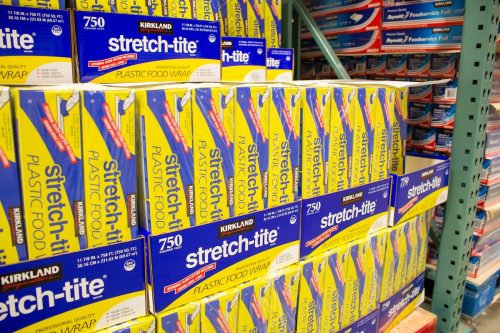 display of Kirkland plastic wrap at Costco