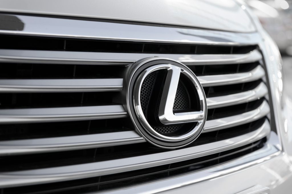 Close up of a hood emblem on a Lexus vehicle
