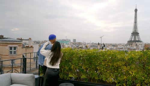 still of a couple looking out at the Eiffel Tower in Love Is Blind: France