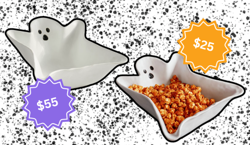 ghost-shaped treat bowls from Pottery Barn and Walmart