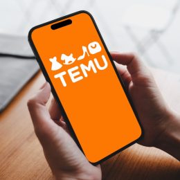 The Temu logo on a smartphone in someone's hand