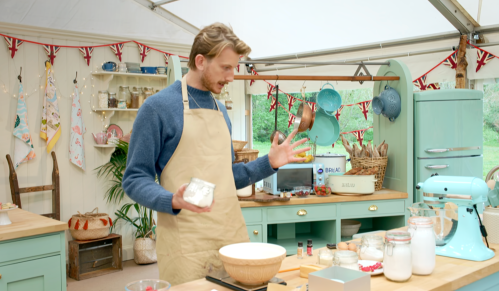 still of a male contestant on The Great British Baking Show