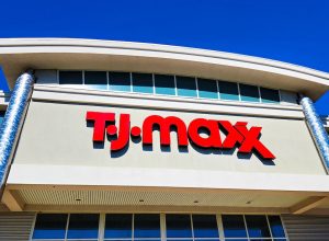 closeup of the sign on a T.J. Maxx store