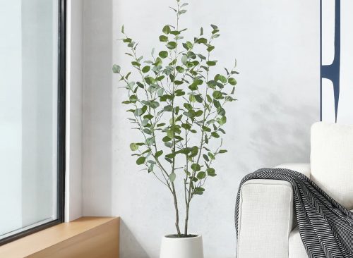 Adcock Faux Eucalyptus Tree with Oval White Planter, Pre Potted Artificial Eucalyptus Plant for Home Decor
