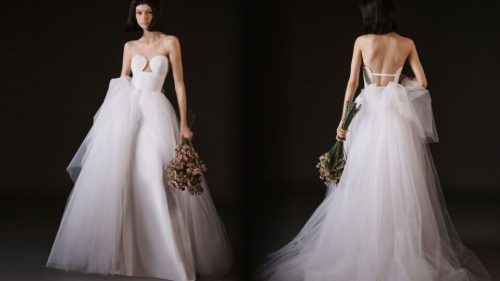 Front and rear view of a woman in a wedding dress