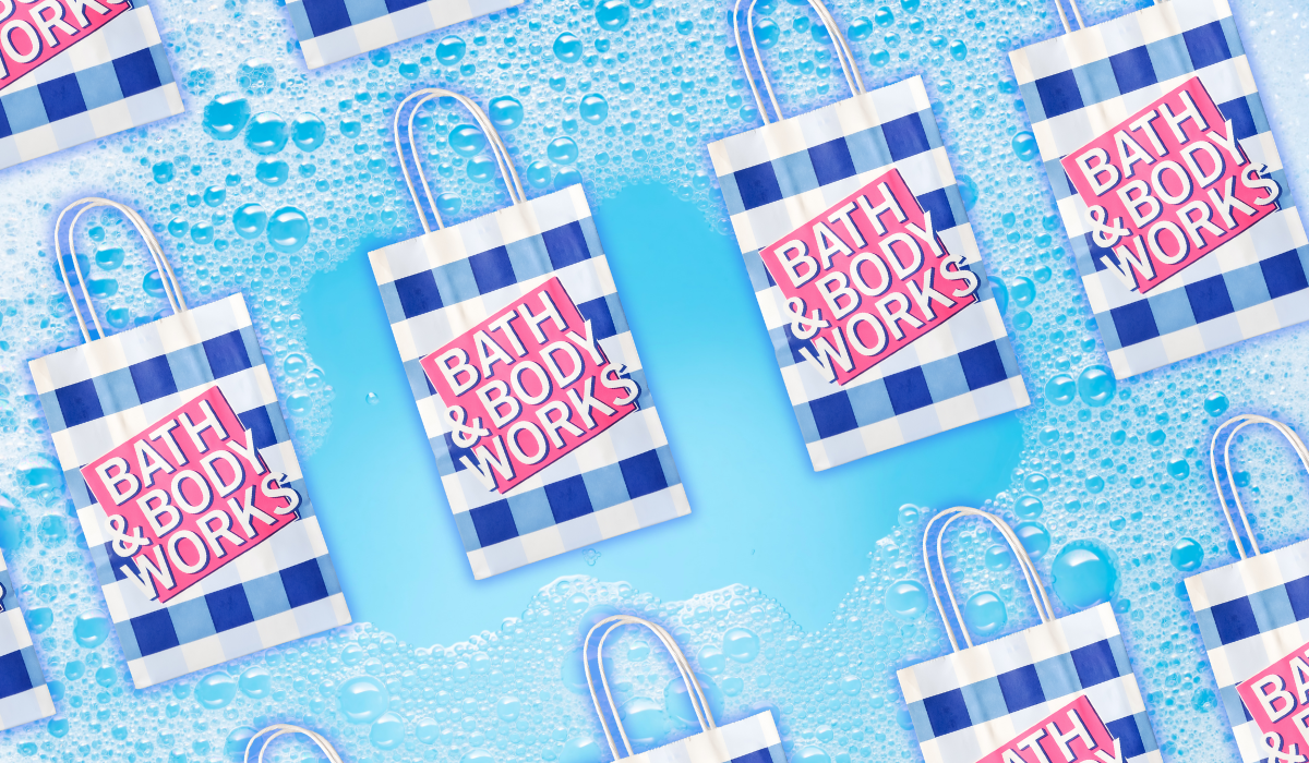 bath and body works shopping bags on a soapy background