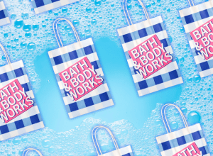 bath and body works shopping bags on a soapy background