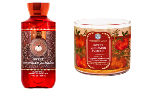 Sweet Cinnamon Pumpkin body wash and candle from Bath & Body Works