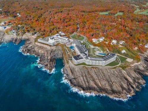 aerial view of the Cliff House in Maine surrounded by fall foliage
