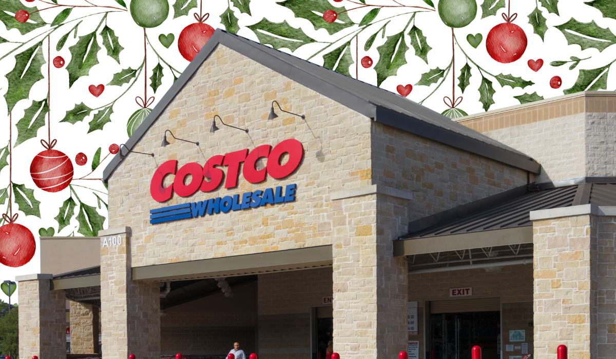 costco storefront with a christmas holly leaf background