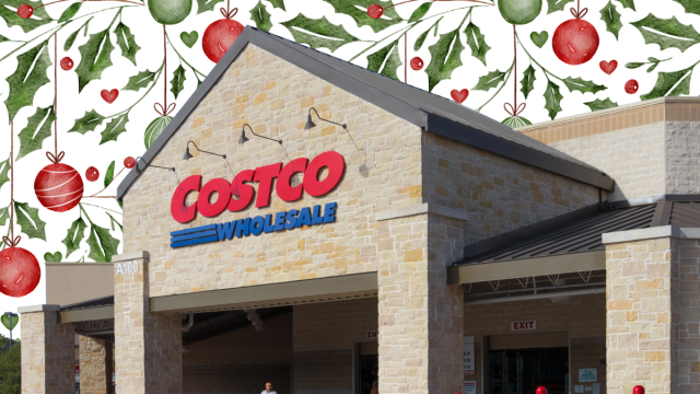 costco storefront with a christmas holly leaf background