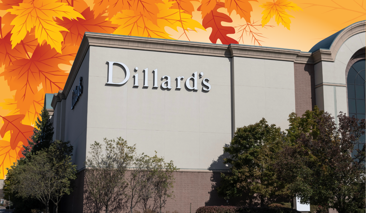 Dillard's storefront against a background of fall leaves