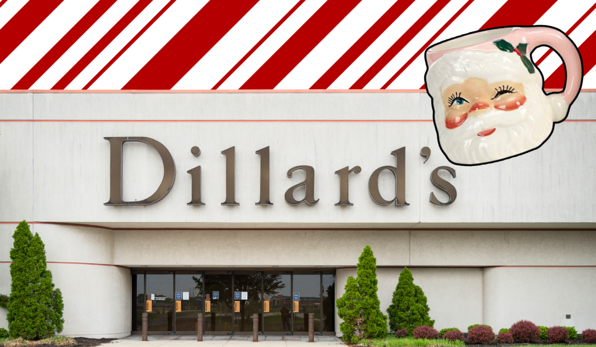 dillards storefront with a candy cane background