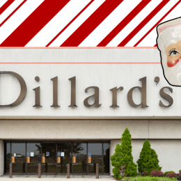 dillards storefront with a candy cane background