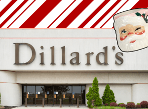 dillards storefront with a candy cane background