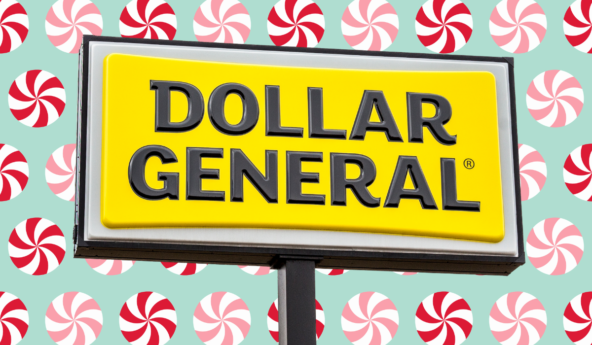 dollar general sign with a pink and red christmas background
